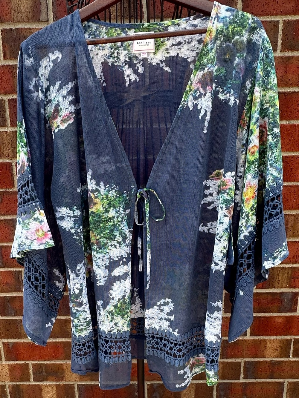 Achilleas Coverup Navy Floral Mesh Tie-Front Kimono Travel Swimwear One-Size
